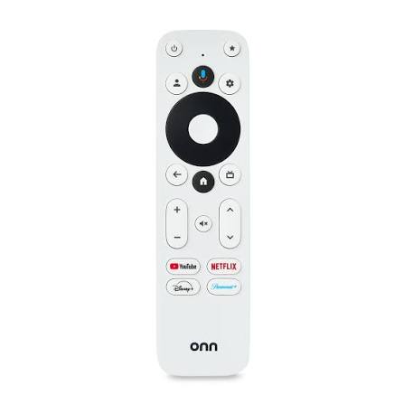 Front and back views of white voice remote